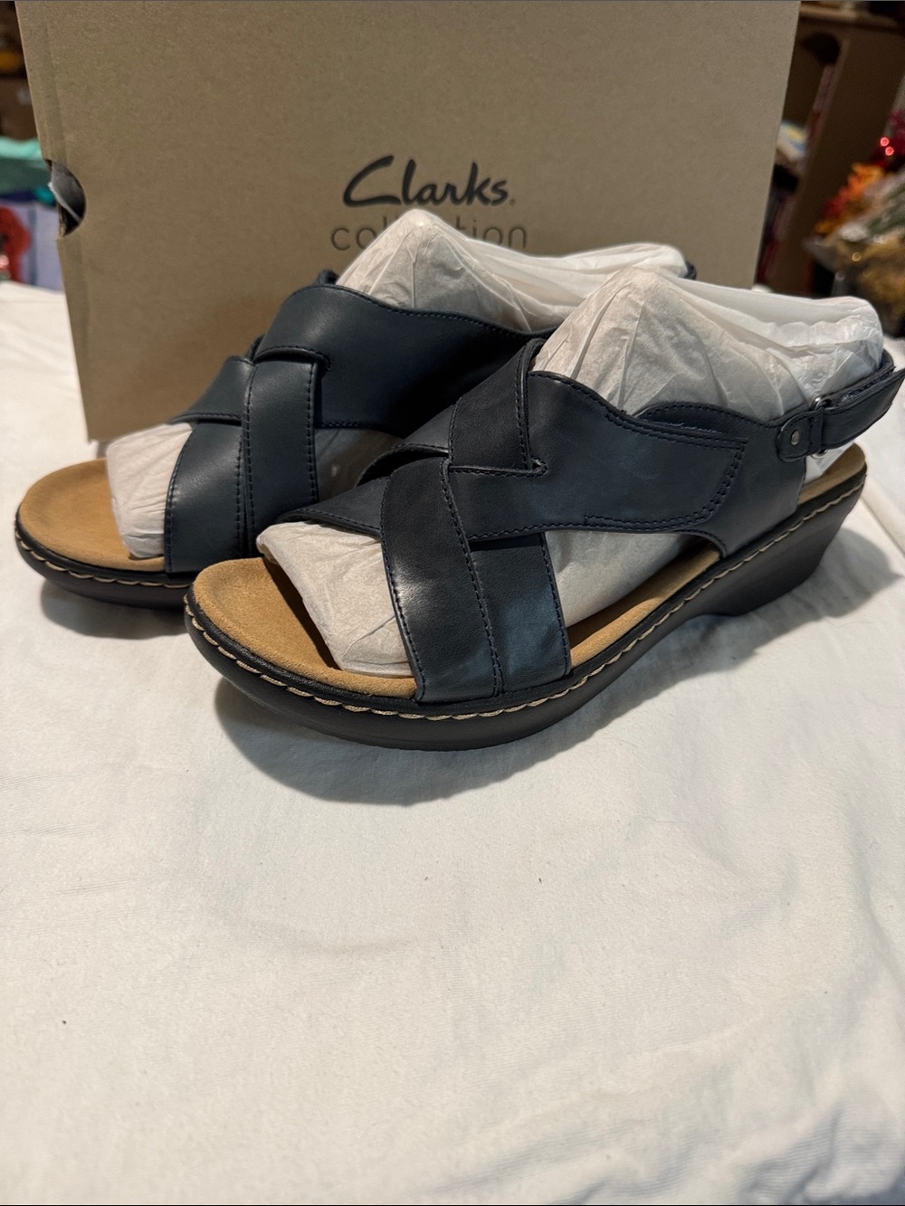 Clarks Navy Leather Crisscross Open-Toe Sandals - Picture 4 of 4